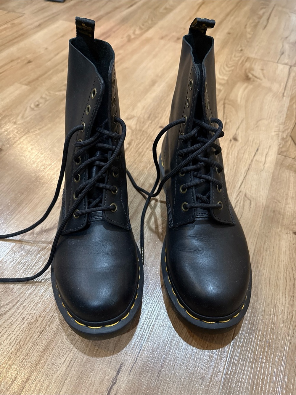 Dr. Martens Black Leather Lace-Up Ankle Boots with Yellow Stitching